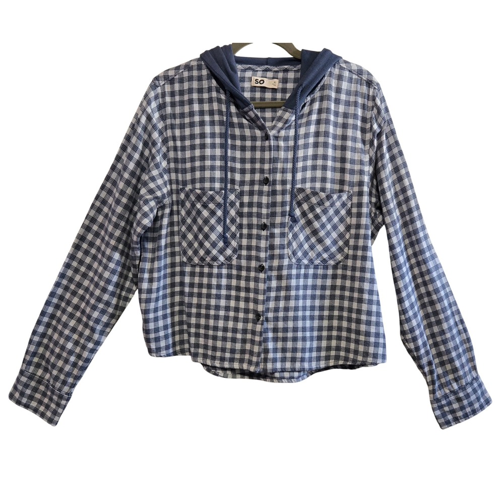 SO Goods for Life Womens XL Plaid Hooded Button Down Shirt Blue White Check